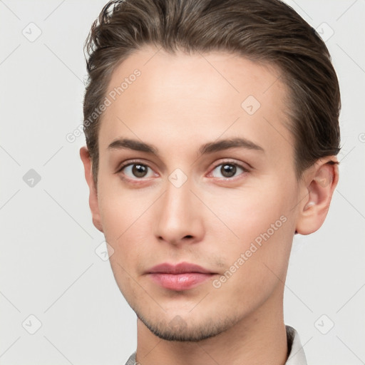 Neutral white young-adult male with short  brown hair and brown eyes