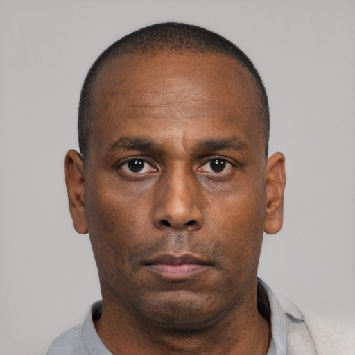 Neutral black adult male with short  black hair and brown eyes