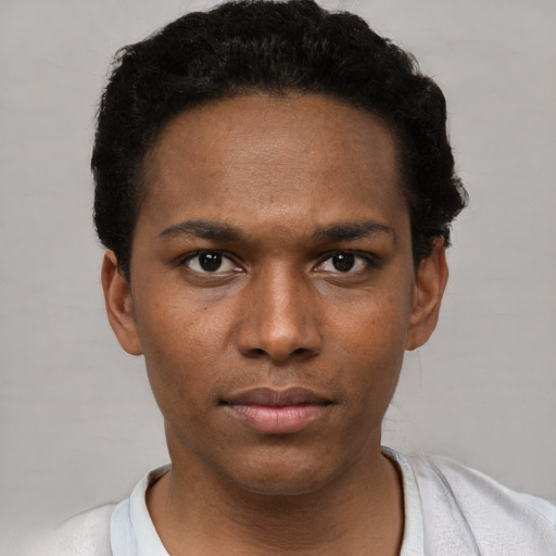 Neutral black young-adult male with short  black hair and brown eyes