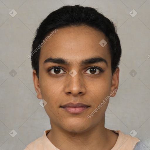 Neutral latino young-adult male with short  black hair and brown eyes