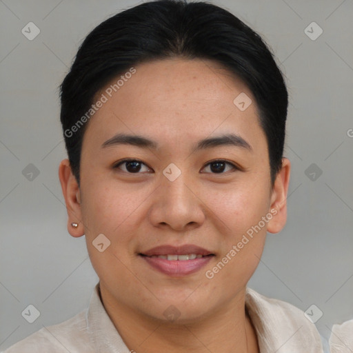 Joyful asian young-adult female with short  brown hair and brown eyes