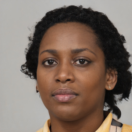 Neutral black young-adult female with medium  black hair and brown eyes