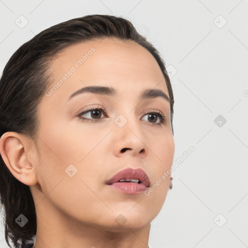 Neutral white young-adult female with medium  brown hair and brown eyes