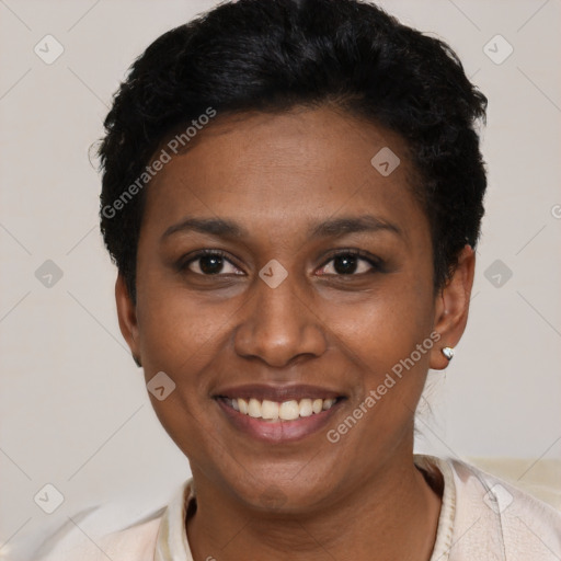 Joyful latino young-adult female with short  black hair and brown eyes