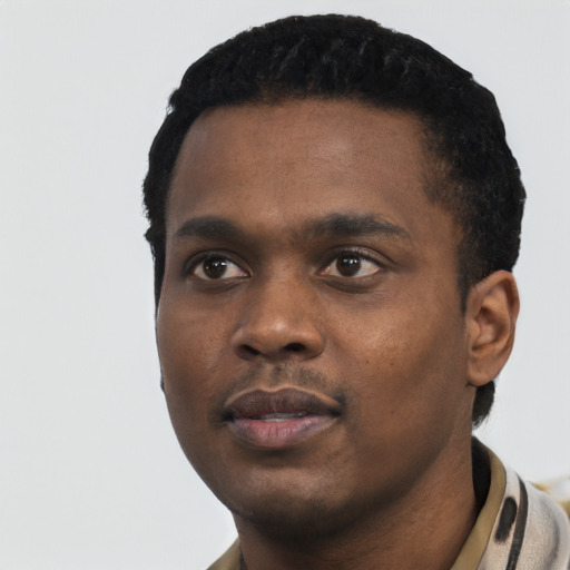 Neutral black young-adult male with short  black hair and brown eyes