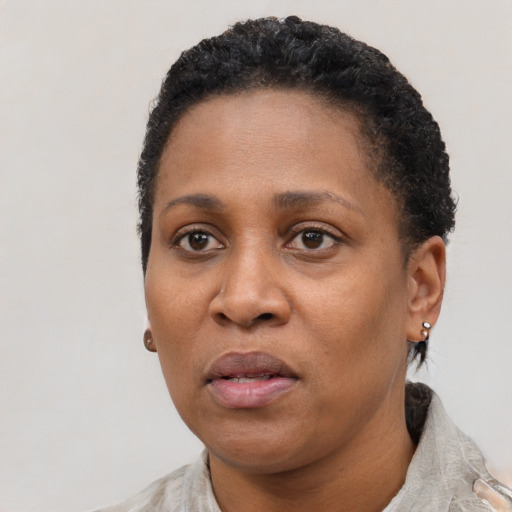 Neutral black adult female with short  black hair and brown eyes