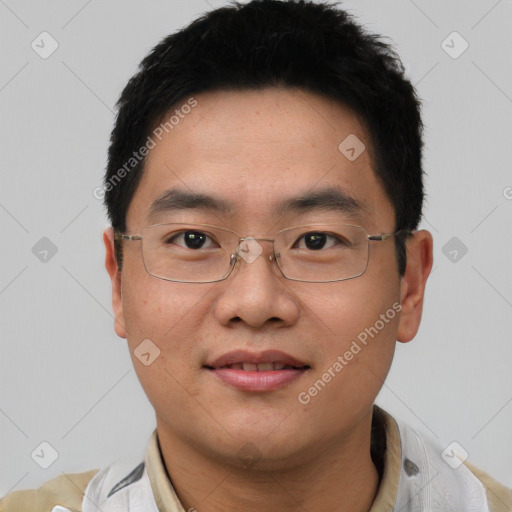 Joyful asian young-adult male with short  brown hair and brown eyes