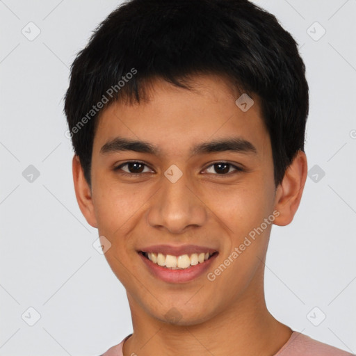 Joyful latino young-adult male with short  brown hair and brown eyes