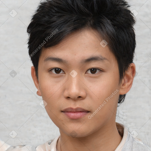 Neutral asian young-adult male with short  brown hair and brown eyes