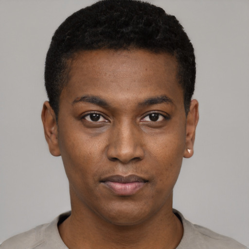 Neutral black young-adult male with short  black hair and brown eyes