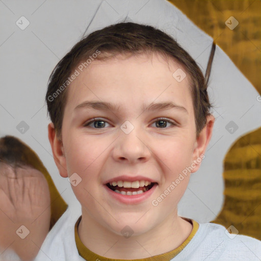 Joyful white child female with short  brown hair and brown eyes