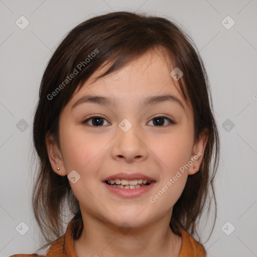 Joyful white child female with medium  brown hair and brown eyes