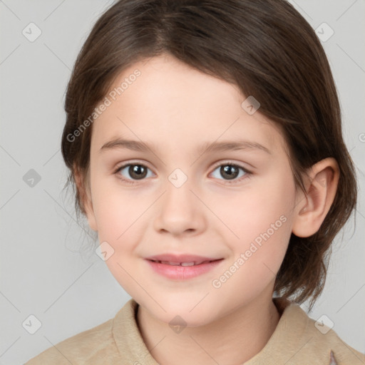 Joyful white child female with medium  brown hair and brown eyes