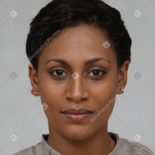 Joyful latino young-adult female with short  black hair and brown eyes