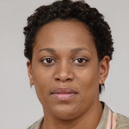 Neutral black adult female with short  brown hair and brown eyes