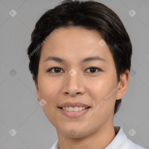 Joyful asian young-adult female with short  brown hair and brown eyes