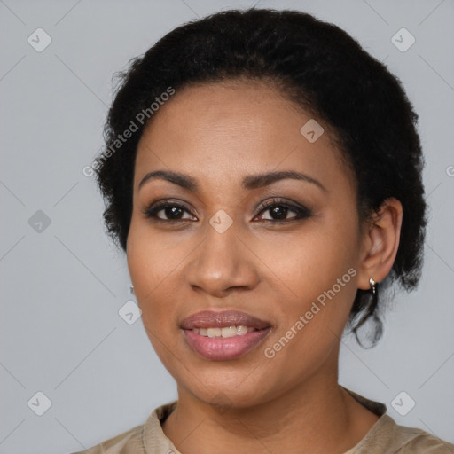 Joyful latino young-adult female with short  black hair and brown eyes