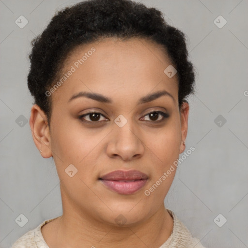 Joyful latino young-adult female with short  brown hair and brown eyes