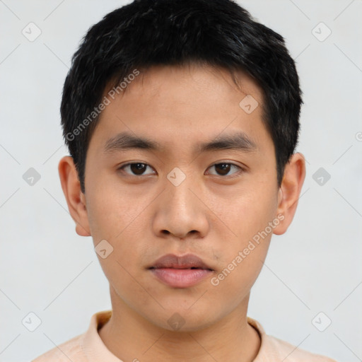 Neutral asian young-adult male with short  black hair and brown eyes