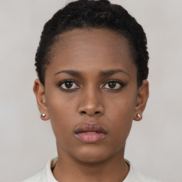 Neutral black young-adult female with short  brown hair and brown eyes