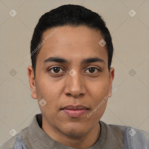 Neutral latino young-adult male with short  black hair and brown eyes