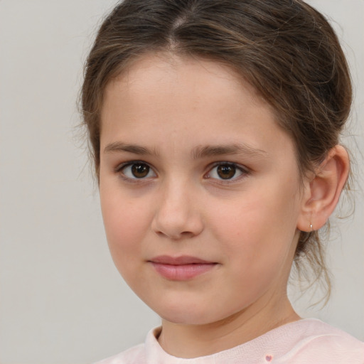 Joyful white child female with medium  brown hair and brown eyes