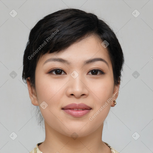 Joyful asian young-adult female with medium  black hair and brown eyes