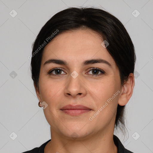 Joyful white young-adult female with medium  brown hair and brown eyes