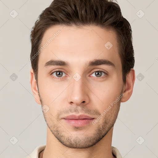 Neutral white young-adult male with short  brown hair and grey eyes