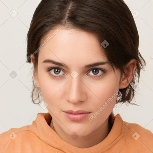 Neutral white young-adult female with medium  brown hair and brown eyes