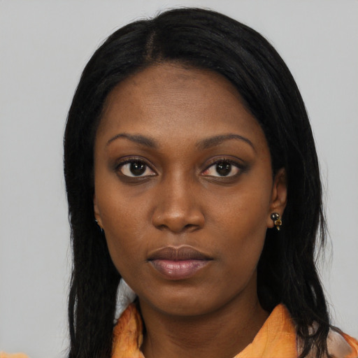 Neutral asian young-adult female with long  black hair and brown eyes