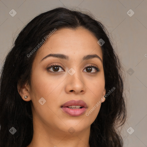 Joyful latino young-adult female with long  brown hair and brown eyes