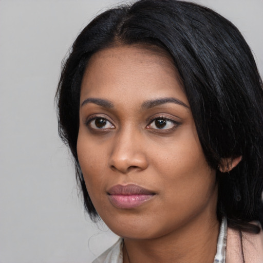 Neutral asian young-adult female with medium  black hair and brown eyes