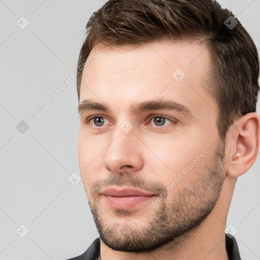 Neutral white young-adult male with short  brown hair and brown eyes