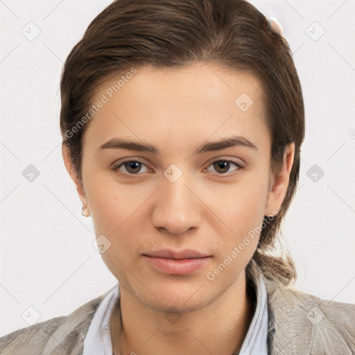 Neutral white young-adult female with short  brown hair and brown eyes