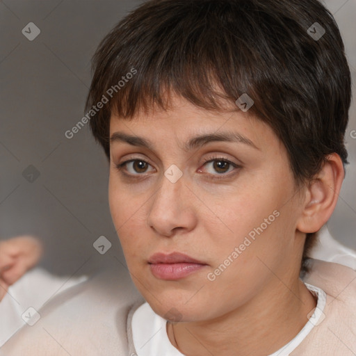 Joyful white young-adult female with short  brown hair and brown eyes