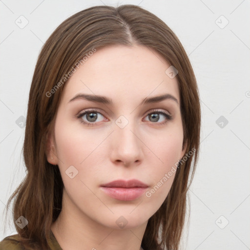 Neutral white young-adult female with long  brown hair and grey eyes