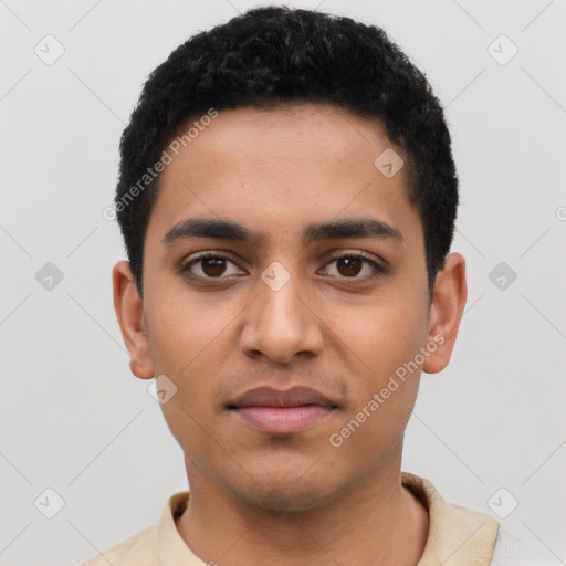 Neutral latino young-adult male with short  black hair and brown eyes