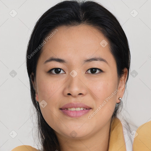 Joyful asian young-adult female with medium  brown hair and brown eyes