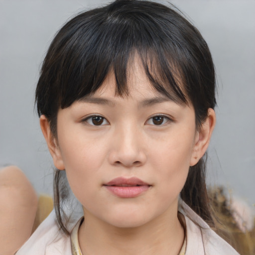 Neutral asian young-adult female with medium  brown hair and brown eyes