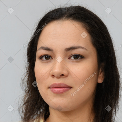 Joyful asian young-adult female with long  brown hair and brown eyes