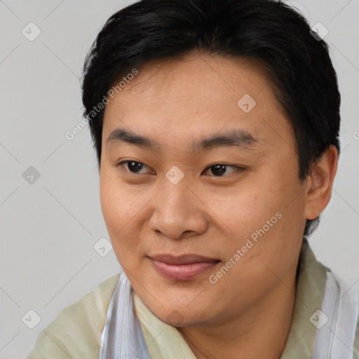 Joyful asian young-adult female with short  brown hair and brown eyes