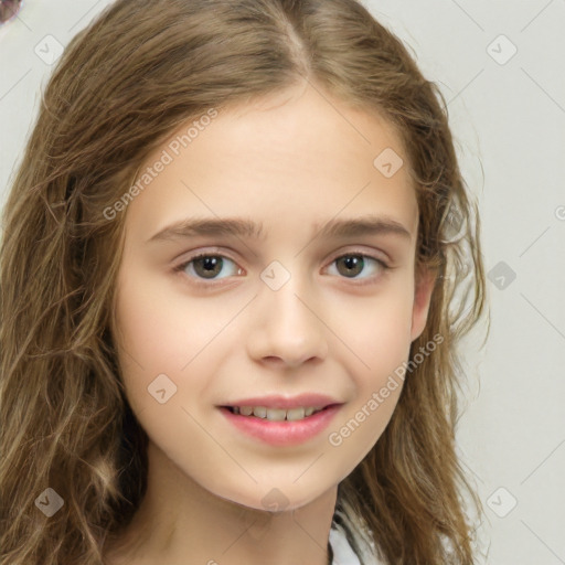 Joyful white child female with long  brown hair and brown eyes