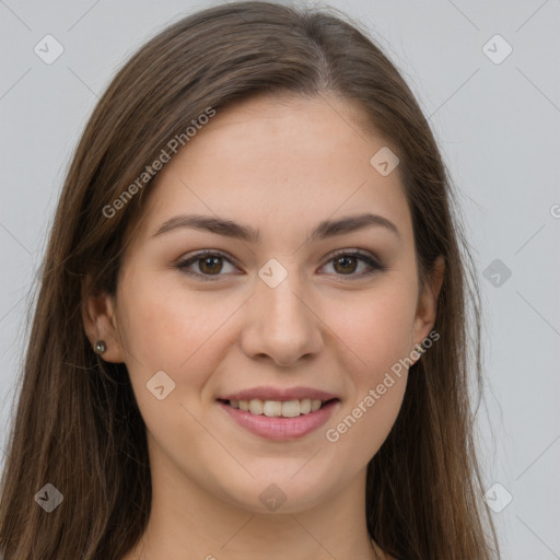 Joyful white young-adult female with long  brown hair and grey eyes