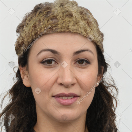 Joyful white adult female with long  brown hair and brown eyes