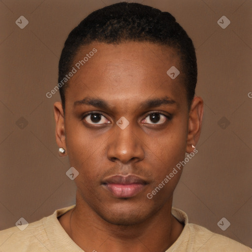 Neutral black young-adult male with short  black hair and brown eyes
