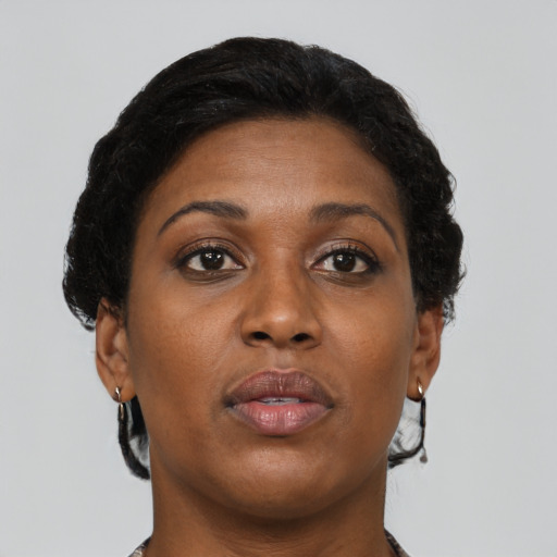 Neutral black adult female with short  brown hair and brown eyes
