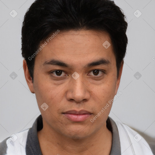 Joyful white young-adult male with short  black hair and brown eyes
