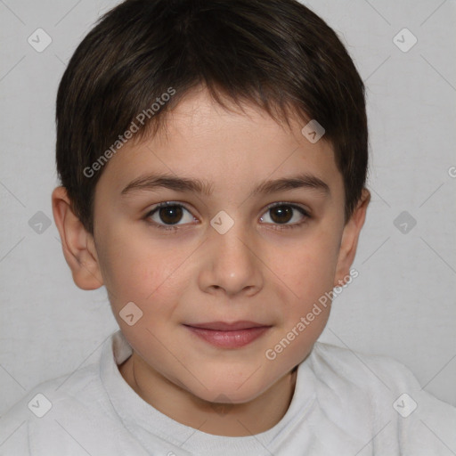 Joyful white child female with short  brown hair and brown eyes