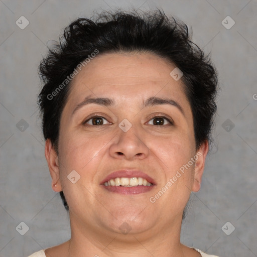 Joyful white adult female with short  brown hair and brown eyes